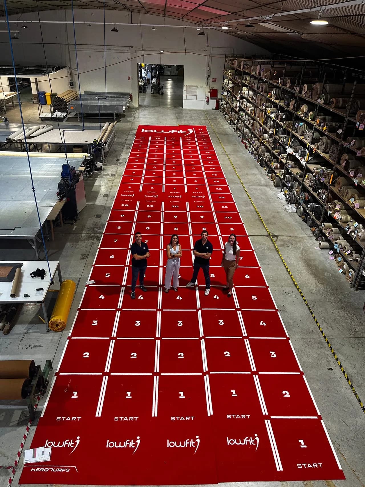 Equipo de Heroturfs sobre una pista sled roja en almacén