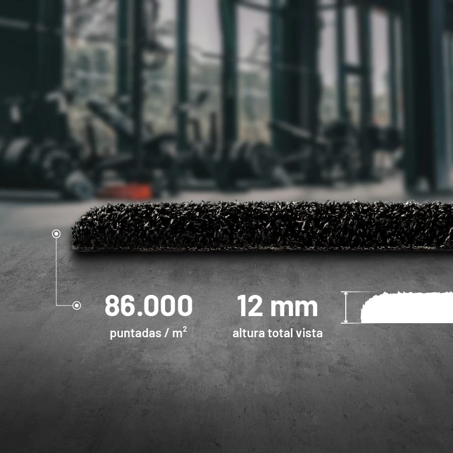 Césped personalizado para gimnasio — 86.000 puntadas/m² y 12 mm de altura visible